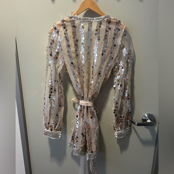 Silver Sequin Sheer Mesh Wrap Dress with Belt - Picture 5 of 5